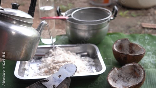 Antique and traditional wooden coconut grater, scraped by hand	