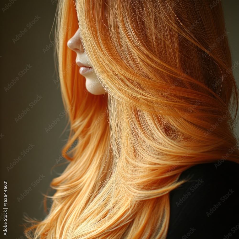 Naklejka premium Long, wavy orange hair creates a striking contrast with the background