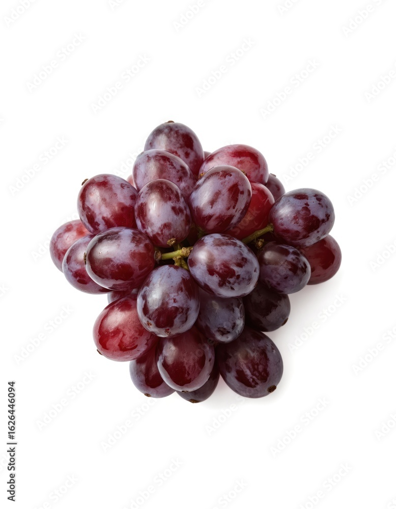 Fototapeta premium Cluster of dark purple grapes with tight cluster, tendrils reaching out. Grapes stand out against stark white background. Low-angle shot highlights grapes prominent color, freshness, ripeness.