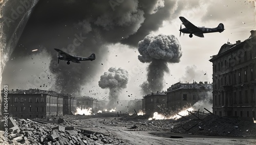 Dramatic black and white image of a city under attack during wartime, planes overhead.