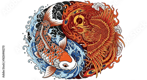 Symbolic Yin Yang Harmony of Koi Fish and Fiery Phoenix