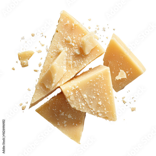 Close-up of triangular cheese slices, scattered crumbs