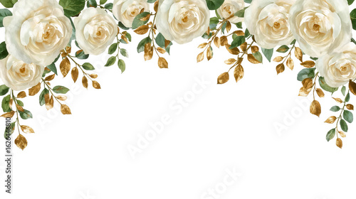 Fototapeta Naklejka Na Ścianę i Meble -  Elegant watercolor arrangement of white roses and gold foliage, perfect for decorative designs.