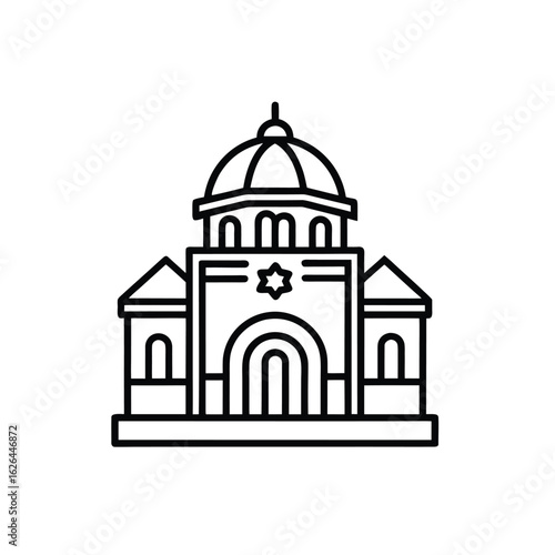 A black and white line art icon of a synagogue featuring a dome, arched windows, and a prominent Star of David.
