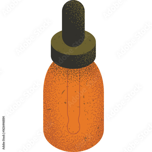 Isometric illustration of a retro textured dropper bottle with orange liquid for cosmetic serum or aromatherapy oil.