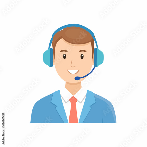 Male customer service representative wearing a headset and suit smiling.