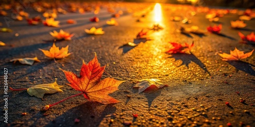 Autumnal Leaves Glistening in the Golden Hour Sunlight on a Pavement Surface