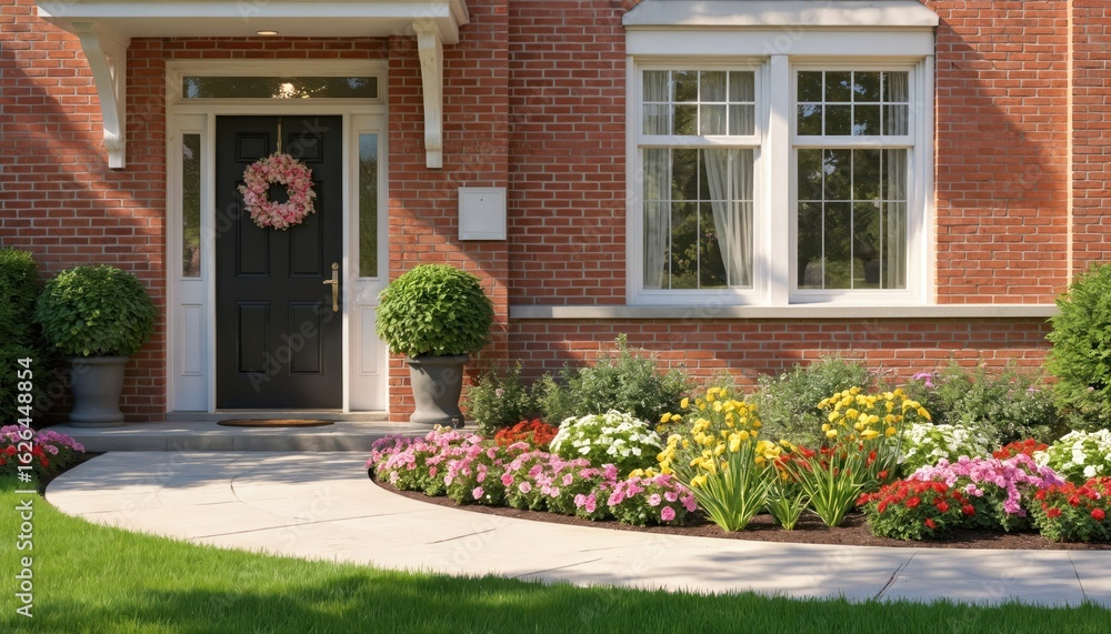 Naklejka premium Well-maintained house exterior with brick, gray roof, white window frame, vibrant flowers, red, yellow, pink hues, pink wreath on front door. Clear blue sky, sunshine, shadows on house and garden.