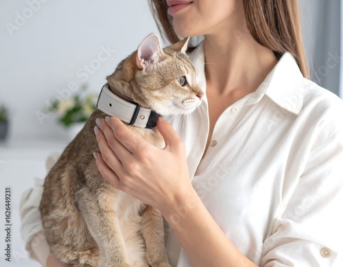 Woman holding a tabby cat wearing a smart collar for tracking and health monitoring