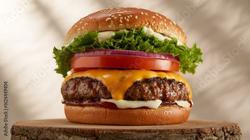 A cheeseburger on wood plate 