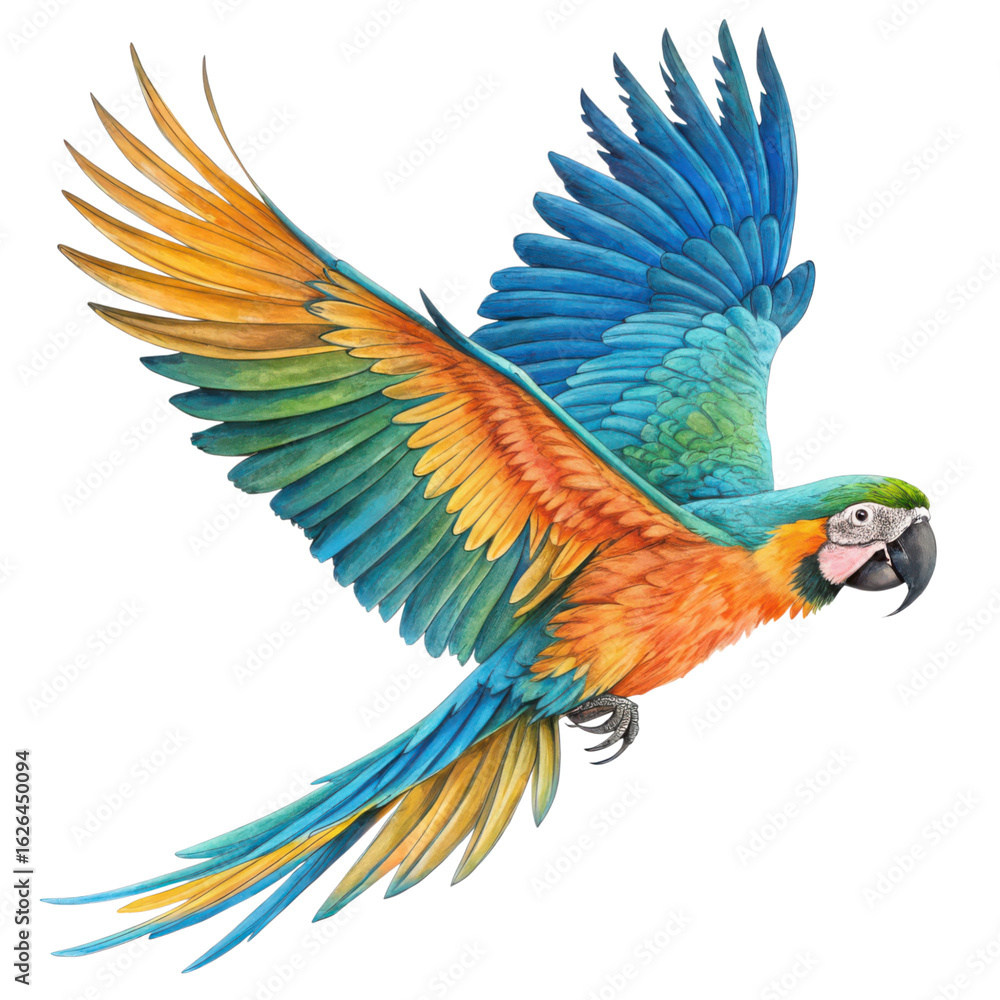 Fototapeta premium Vibrant blue and yellow macaw parrot in full flight isolated on transparent background