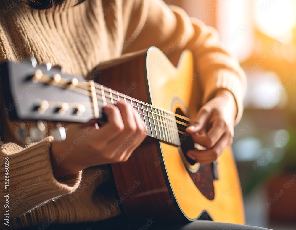 Fototapeta premium Woman playing acoustic guitar in cozy setting, expressing creativity and relaxation