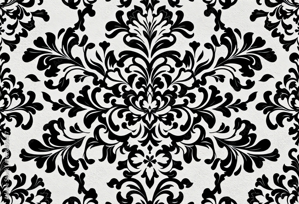 Intricate black and white floral damask pattern on textured background, illustration, seamless Intricate black and white floral damask pattern on textured background, illustration, seamless