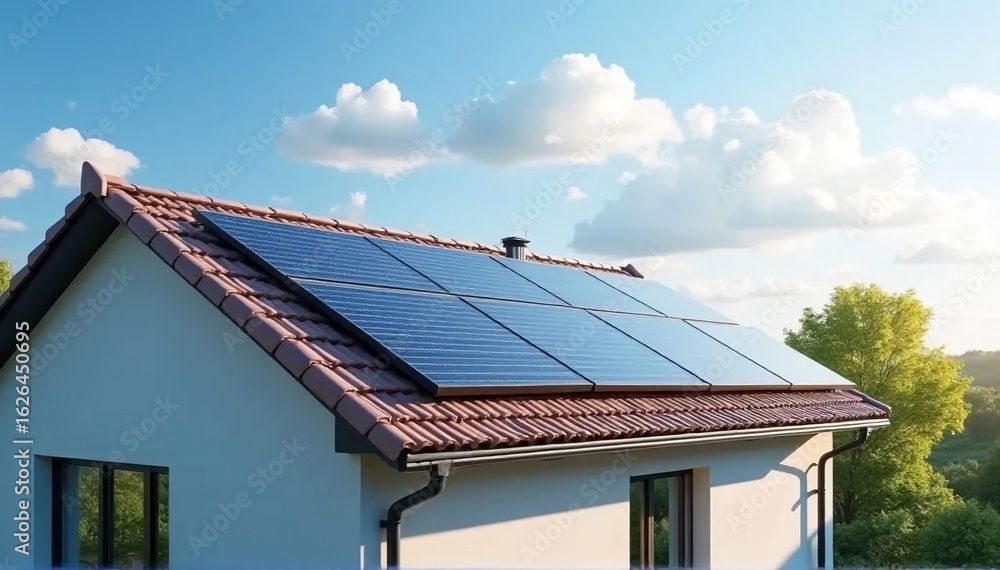 Fototapeta premium Solar Panels on Roof of Modern House