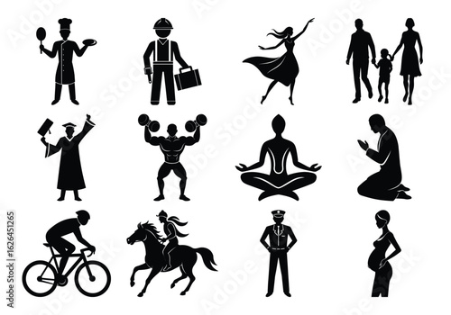 Diverse human professions and activities silhouette isolated on white background