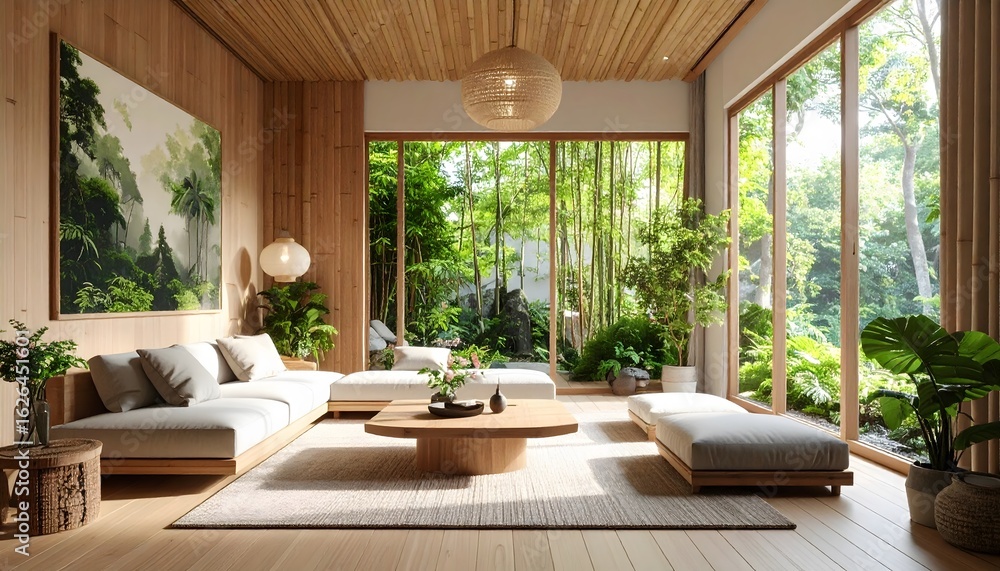 Fototapeta premium Bright Living Room with Bamboo Garden View and Natural Wood Accents