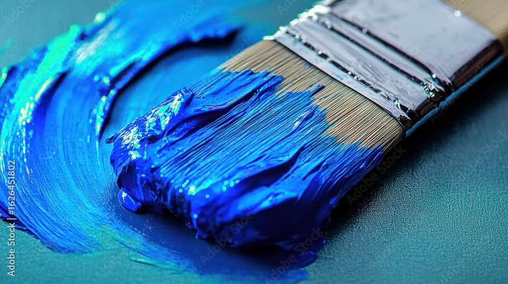 Fototapeta premium Brush loaded with rich blue paint rests against a textured canvas, inspiring creativity