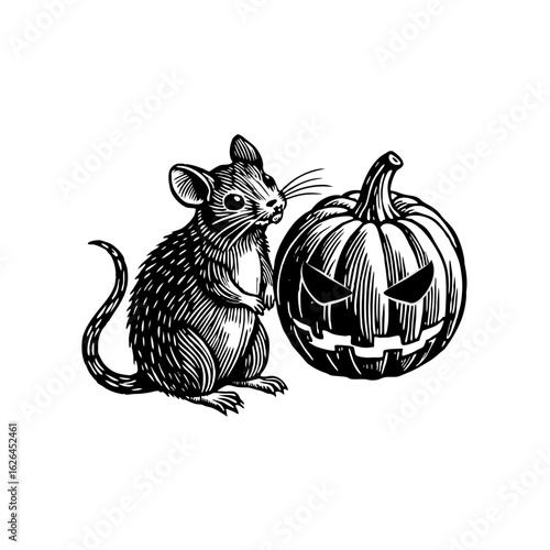 Detailed black and white illustration of a small mouse standing beside a spooky carved Halloween pumpkin.