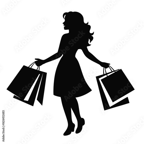 Silhouette of a woman happily carrying shopping bags after a successful retail experience