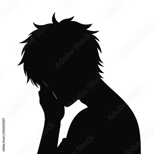 Silhouette of a young anime style man with messy hair looking down thoughtfully