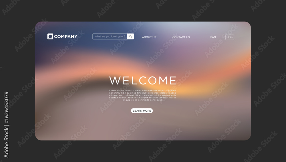 Modern website template design with welcome message and navigation bar for business startup