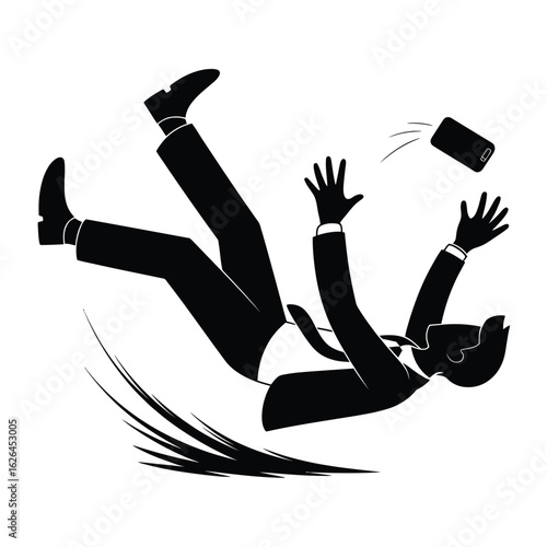 Businessman in suit falling down with phone flying through the air