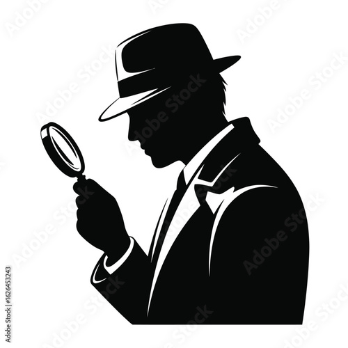 Silhouette of a detective in a hat examining with a magnifying glass