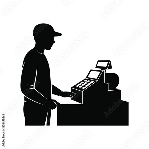 Silhouette of a person wearing a baseball cap operating a vintage cash register