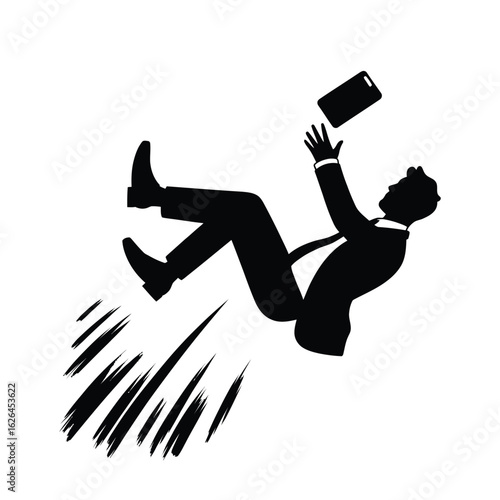 Silhouette of a businessman falling through the air with his briefcase