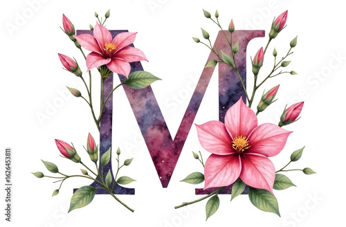 Decorative letter M with pink blooming flowers and green leaves, watercolor style on white background. Concept of floral monogram design