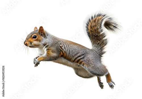 Grey squirrel in mid-air jump.