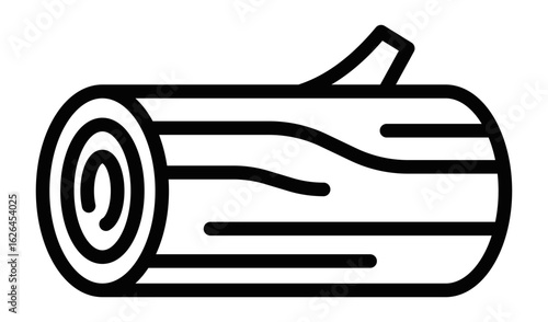 A log is shown in black and white. The log is long and has a rough texture. It is a piece of wood that has been cut down. Editable Stroke.