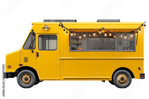 Side view of a bright yellow food truck with lights.