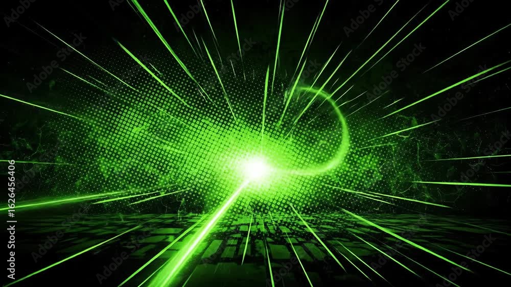 Dynamic Green Laser Light Streaks Moving Rapidly Across Dark Digital Background Dynamic Green Laser Light Streaks Moving Rapidly Across Dark Digital Background