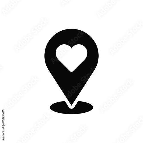 Black heart shaped location pin icon symbolizing love and finding a special place