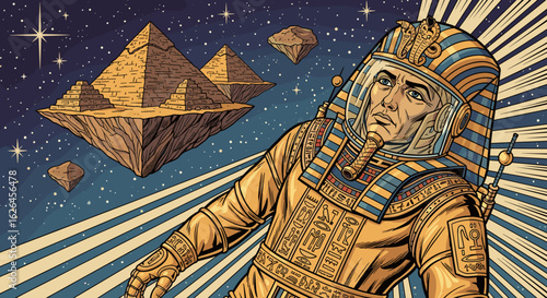 Ancient Pharaoh Soars Through Cosmic Pyramids