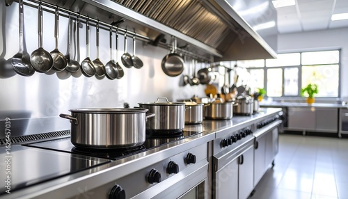 Fototapeta Naklejka Na Ścianę i Meble -  Gleaming stainless steel pots and pans in a professional restaurant kitchen