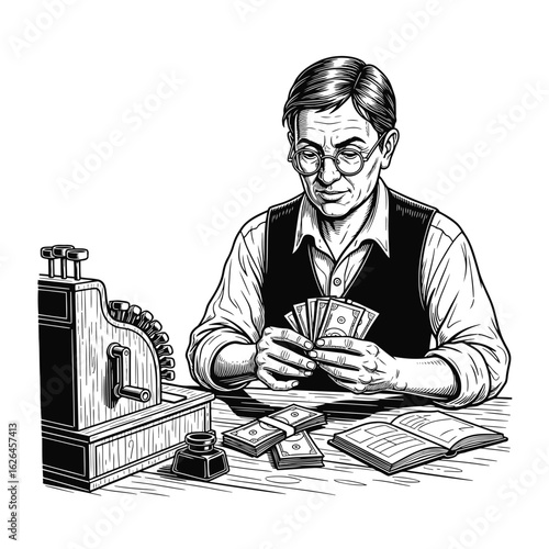 Vintage illustration of a businessman counting money at a desk with an old cash register and account book.