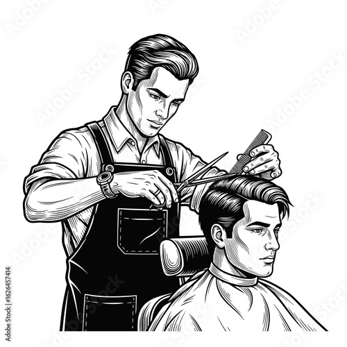 A classic black and white illustration of a professional barber giving a stylish haircut to a male client.
