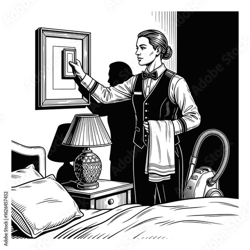 A professional chambermaid in a classic uniform meticulously dusting a picture frame in a hotel room. Hospitality service concept illustration.