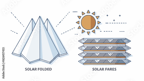 Illustration showing solar folded panels and solar fares with a sun and dotted lines above