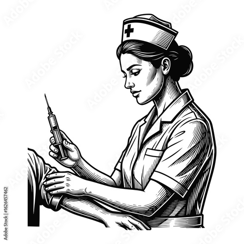 A compassionate nurse in a classic uniform preparing to give a patient a vaccine injection. Retro medical illustration.