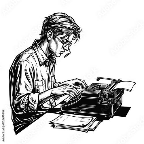 A dedicated writer in a classic black and white illustration, focused on typing a manuscript on a vintage typewriter.