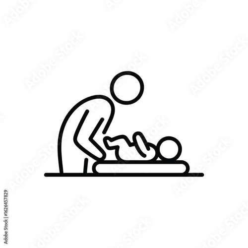 Parent changing baby diaper on changing table simple line art icon
