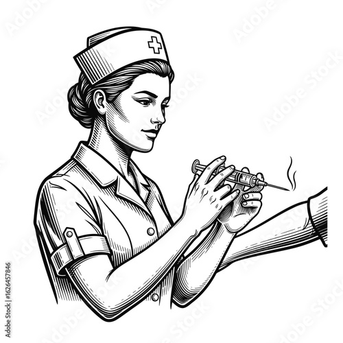 Vintage style illustration of a dedicated nurse in a classic uniform preparing a syringe for a patient's injection. Retro medical care concept.