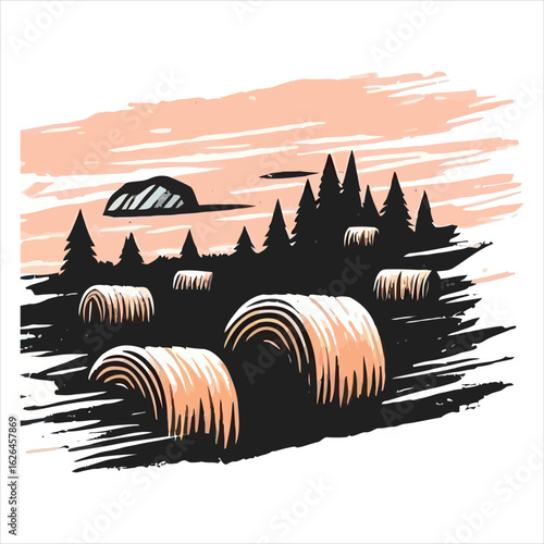 Vector art of hay bales in a field on a sunny day