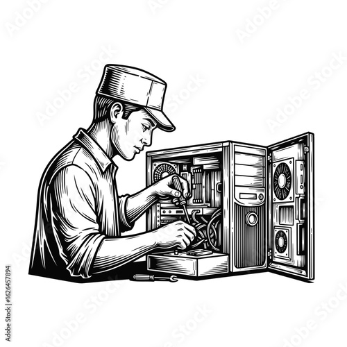 Monochrome illustration of a skilled technician meticulously repairing a desktop computer, representing IT support and hardware maintenance.