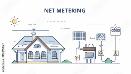 Illustration of a house with solar panels and net metering system showing energy flow and consumption