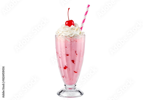 Pink milkshake with whipped cream and cherries.