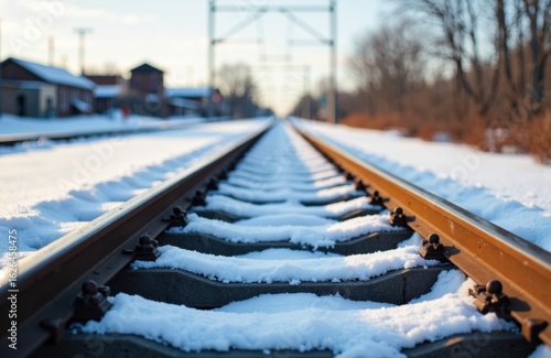 A railway track extends into the distance through a snowy landscape on a clear winter day